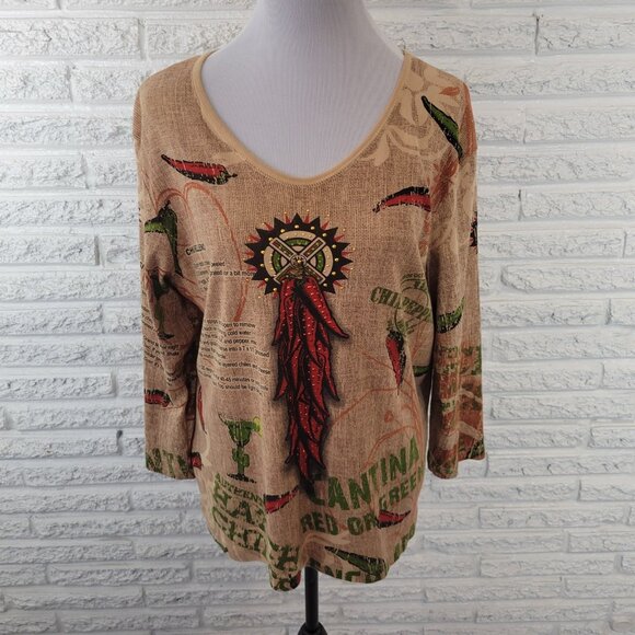 Cactus Bay Womens Top XL Tan Artsy Latin America Recipes Chile Relleno C11E - Picture 1 of 9
